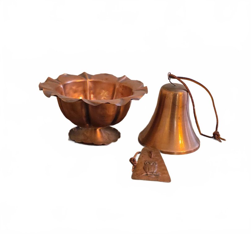 Gregorian Copper Set: Scalloped Bowl, Bell with Leather Strap, Owl Embossed Tag