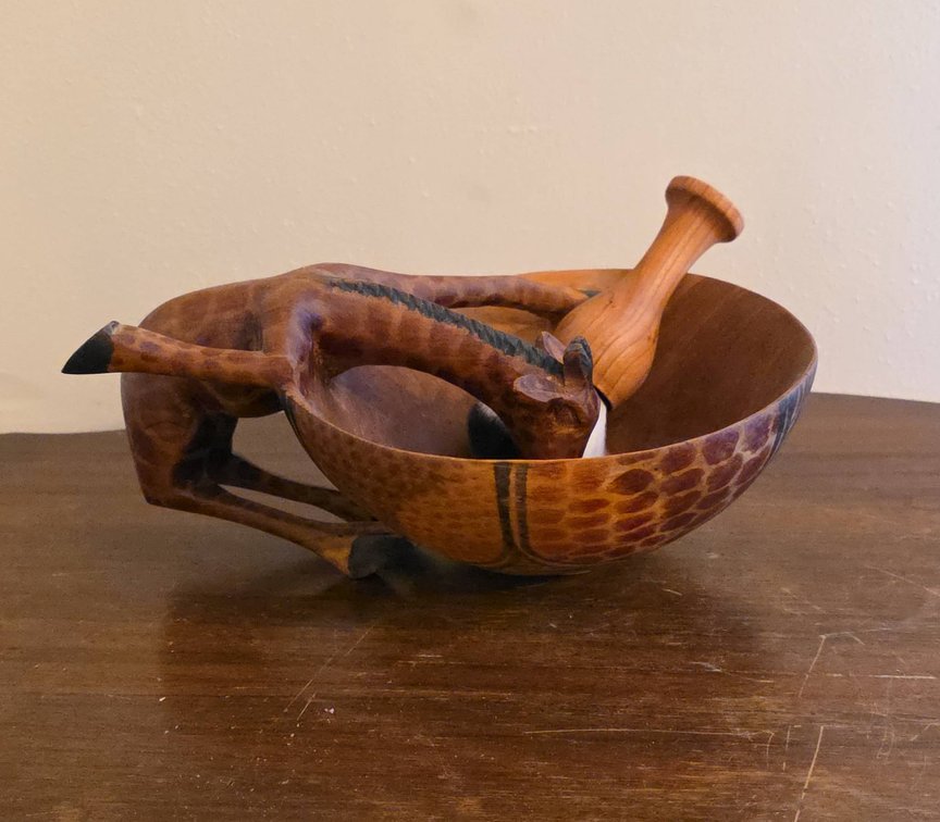 Hand-Carved Wooden African Giraffe Bowl with Shaving Brush, 7" and 3" Diameters