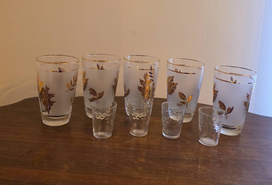 (4) Gold Leaf Frosted Glasses and (4) Clear Shot Glasses, 5" Tallest in Set