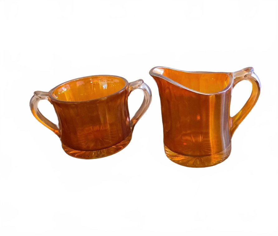 Carnival Glass Sugar Bowl and Creamer Set with Iridescent Amber Finish, 4" Tallest Piece