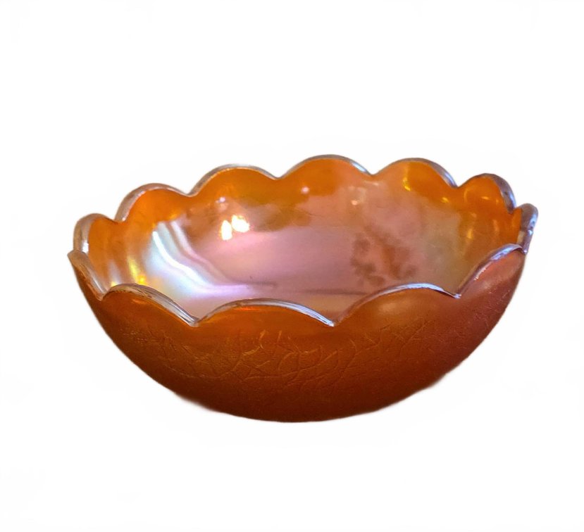 Iridescent Carnival Glass Bowl with Scalloped Edge and Leaf Pattern