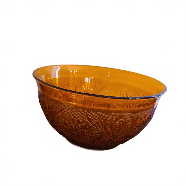 Amber Pressed Glass Bowl with Floral Pattern, No Chips or Cracks Noted