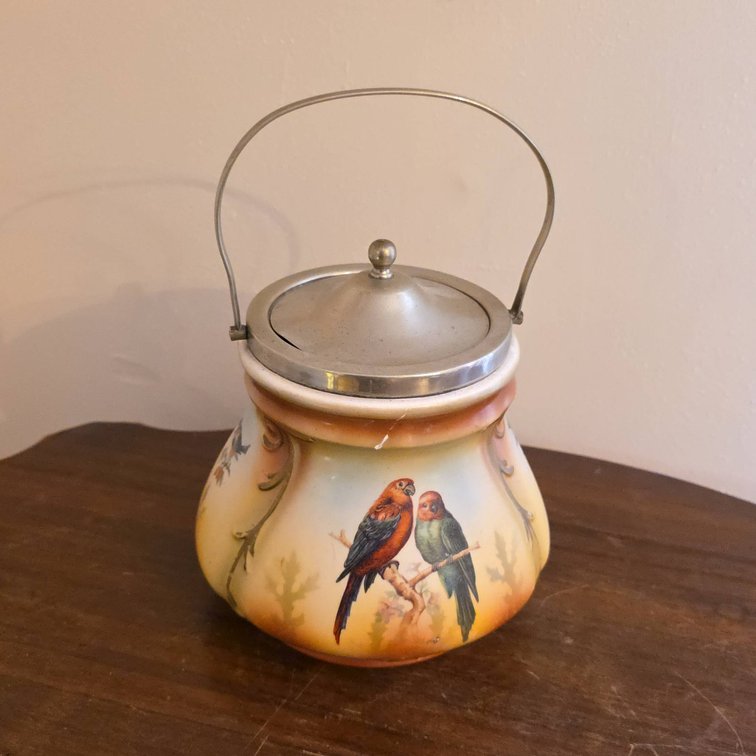 Porcelain Biscuit Jar with Bird Motifs, Crack Noted, Embossed 5922 Mark