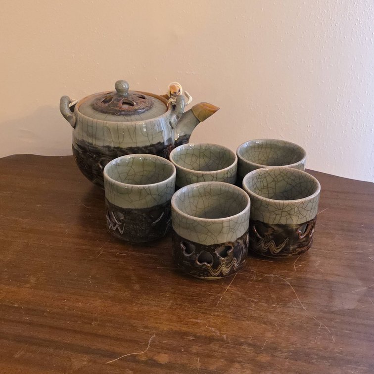 Japanese Ceramic Teapot With Bamboo Handle and Five Cutout Cups, Crackle Glaze Finish