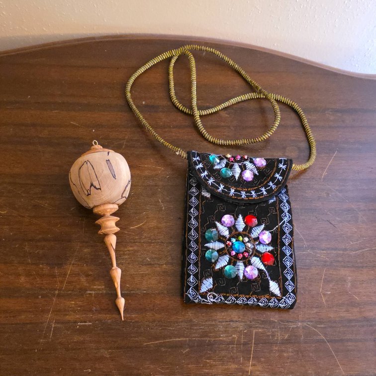Beaded Embroidered Black Velvet Pouch with Strap and Spalted Wood Turned Ornament