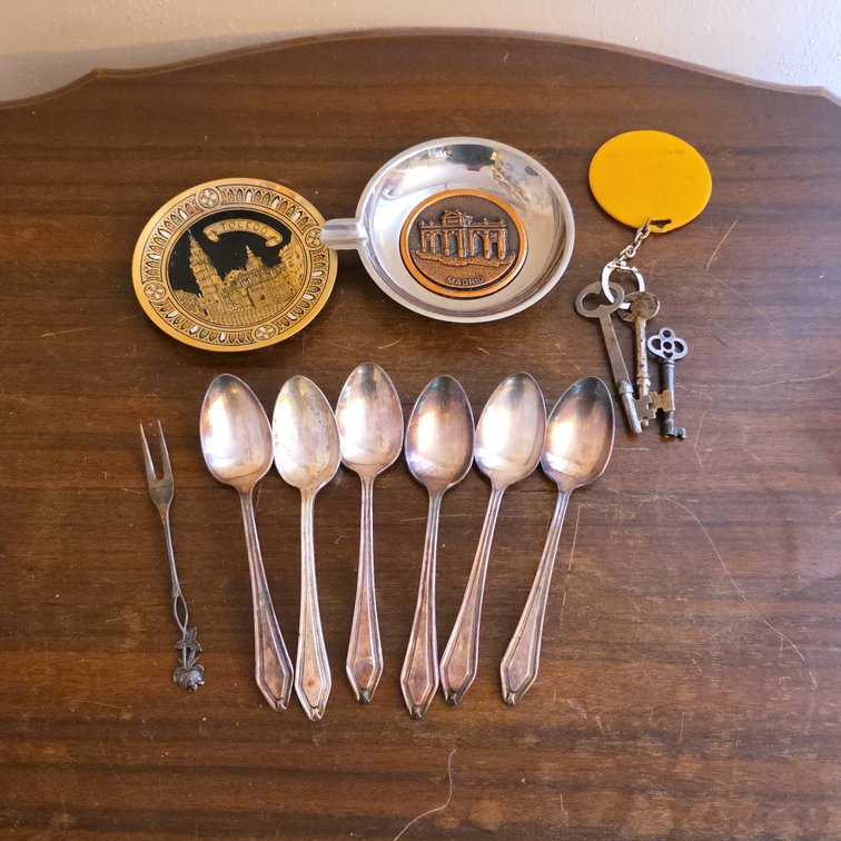 Three Skeleton Keys, Six S.H.M & Co. Spoons, Alpaka Rose Fork, Toledo and Madrid Coin Trays
