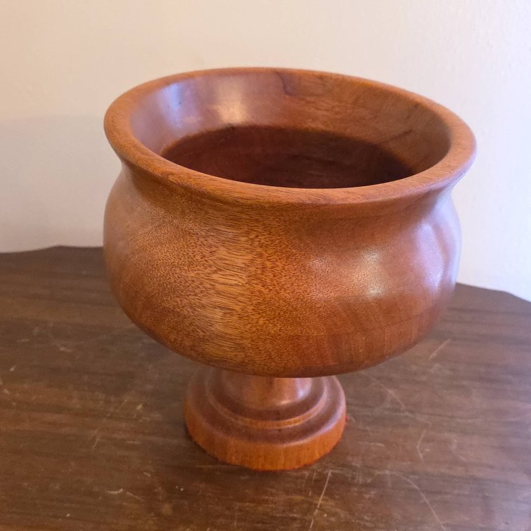 Hand-Turned Wooden Pedestal Bowl with Flared Rim and Red Felt Base