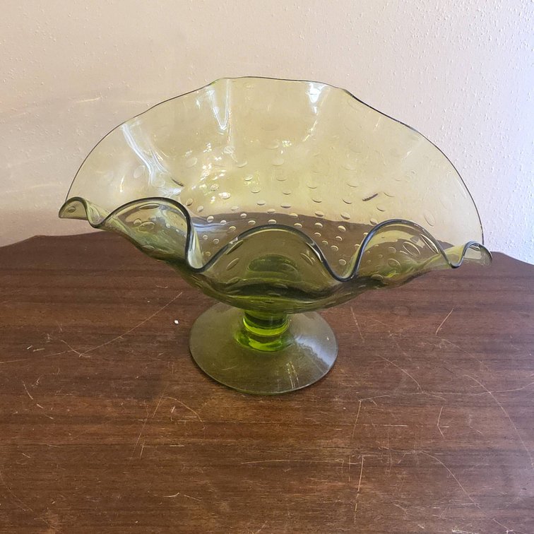 Green Pressed Glass Compote with Ruffled Edge and Bubble Pattern on Pedestal Base