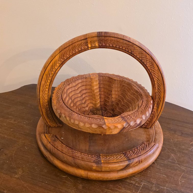 Hand-Carved Wooden Folding Basket with Handle and Oak Leaf Motif