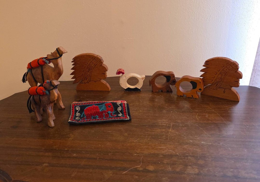 Hand-Carved Wood Camels, Elephant Decor, Two Chief Profiles, and Animal Napkin Rings