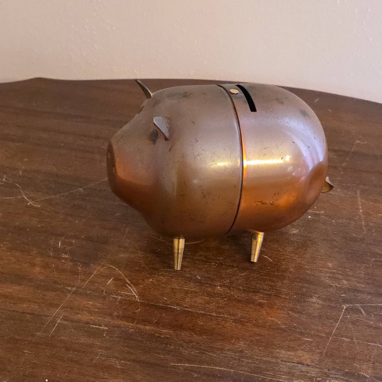 Mid-Century Brass Piggy Bank in Two Halves with Screw Closure and Tail, Size 5"x3"x4"