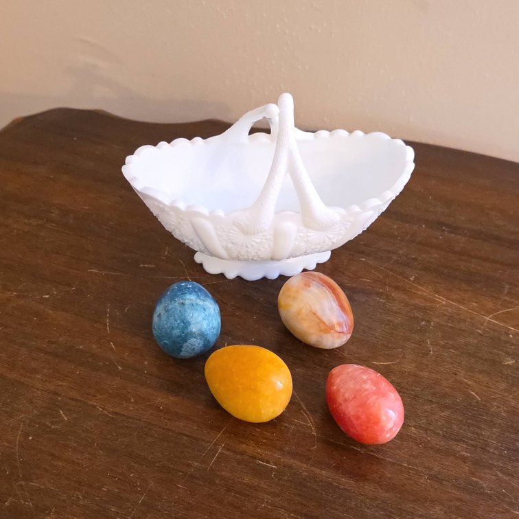 Pressed Glass Basket with Scalloped Edge and Four 1.5" Polished Stone Eggs