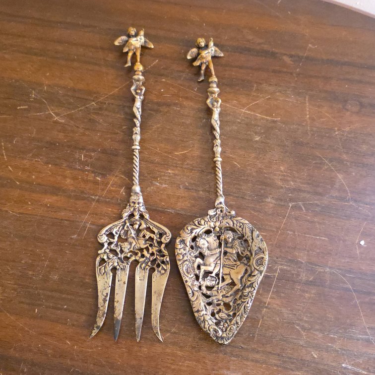 Ornate Brass Serving Fork and Spoon, Cherub and Knight Design, 11" Longest