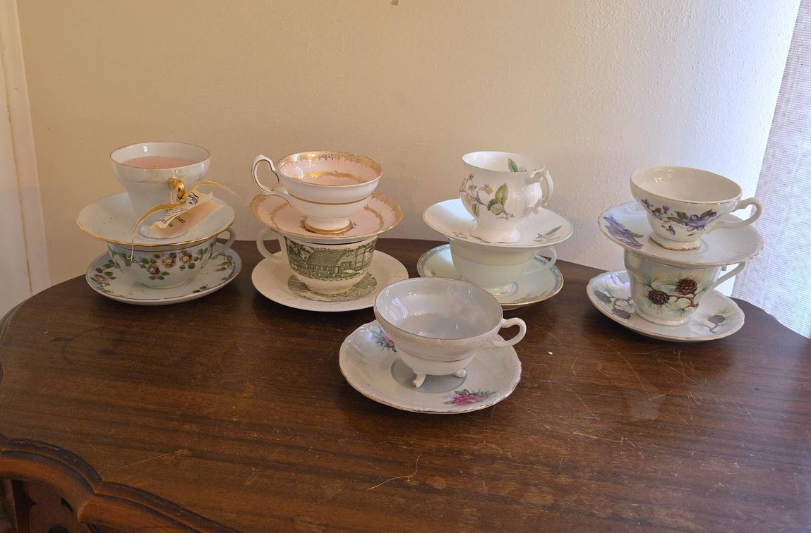 (9) Tea Cup and Saucer Sets, Noritake, Grosvenor, Pastoral by Taylor, Elizabethan, Japanese