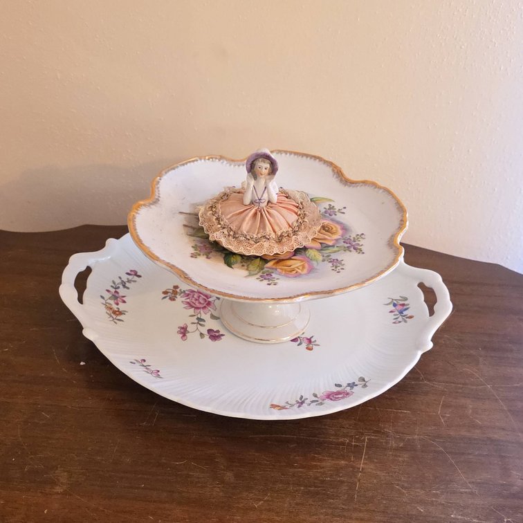 Limoges France Porcelain Tray, Lefton Pedestal Dish With Yellow Roses, Figural Lady Pin Cushion