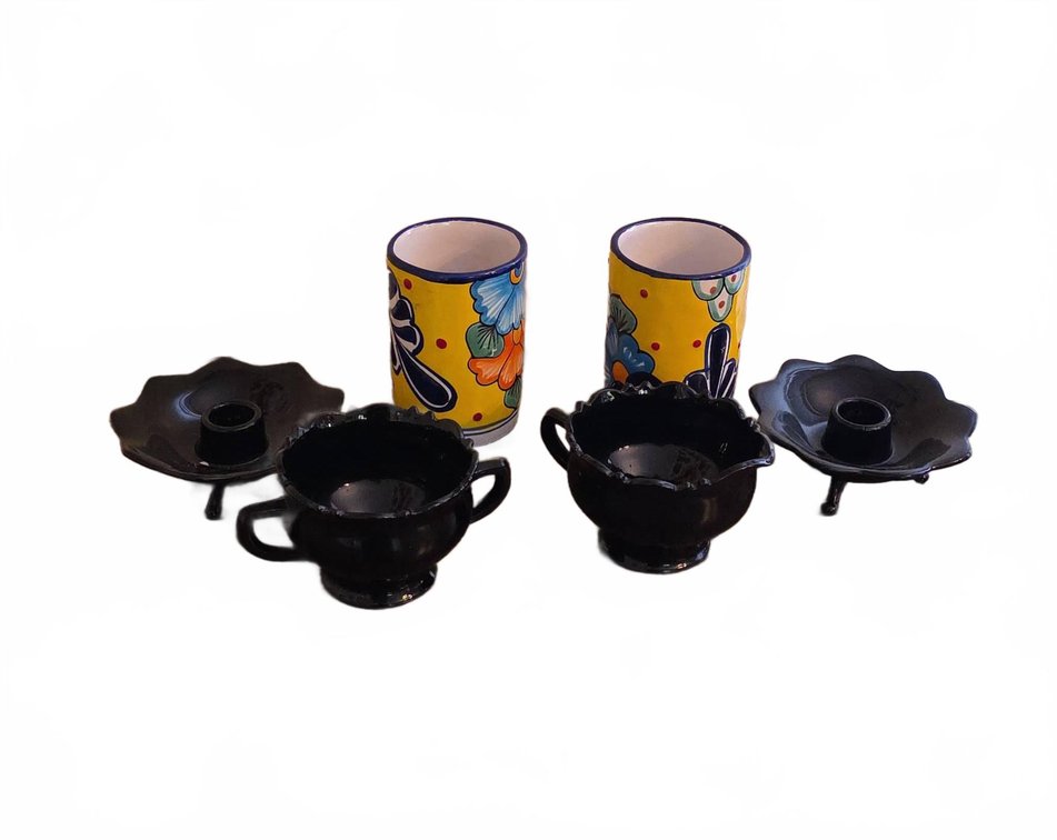 (2) Hand-Painted Mexican Glasses, (2) Candle Holders, Milk and Sugar Cranberry Glass, 4.5" Tallest