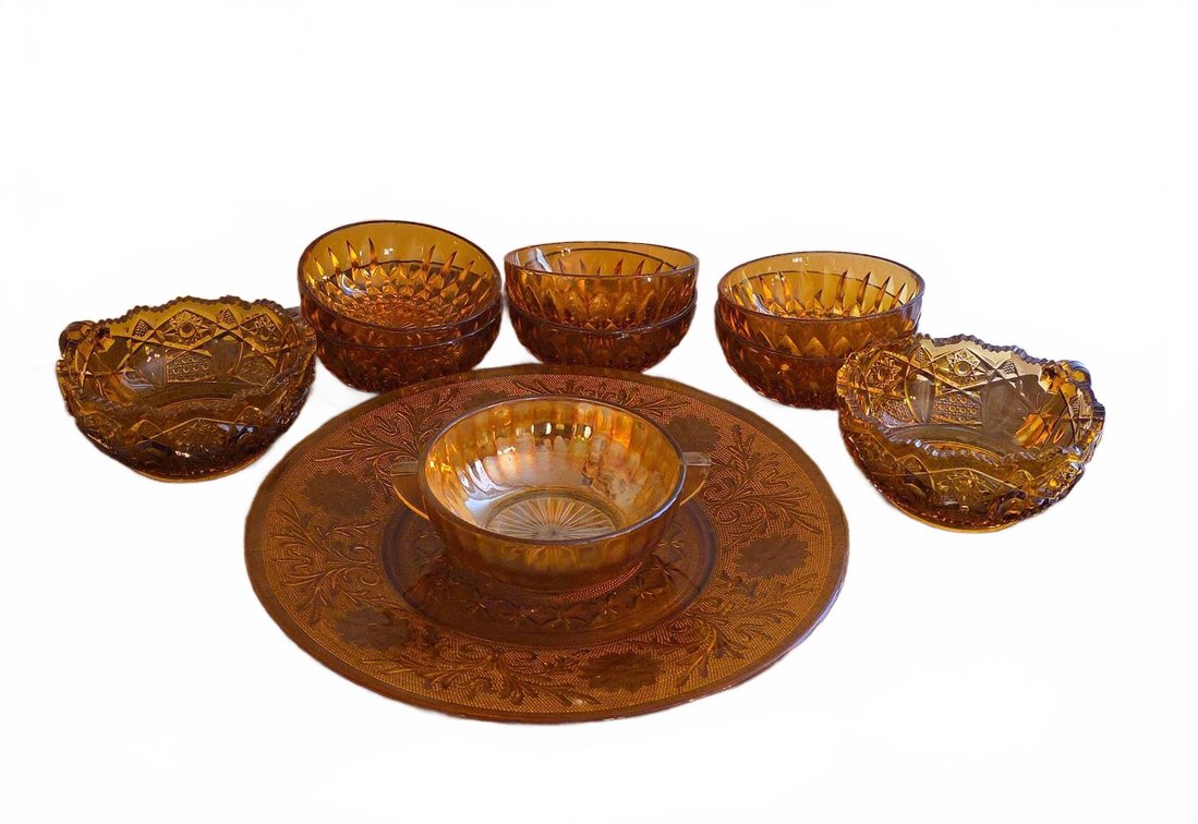 Amber Depression Glass Serving Set, (10) Pieces Including Bowl, Cups, Fruit Bowls, Plate