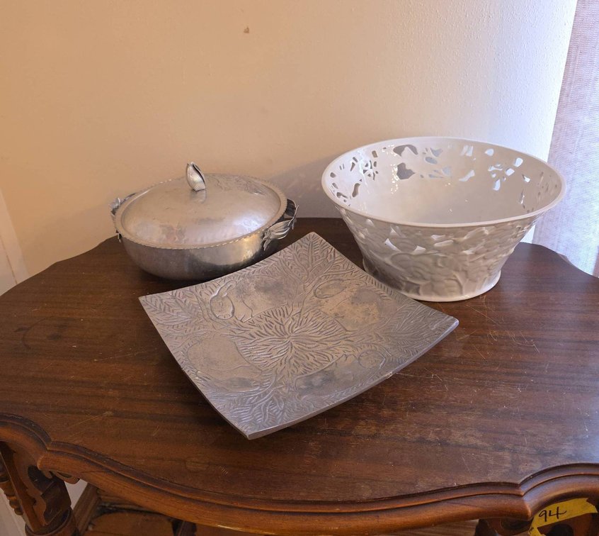 Pewter Tray With Rabbit Motif, Embossed Aluminum Floral Covered Dish, Pacific Rim Ceramic Cutout Bowl