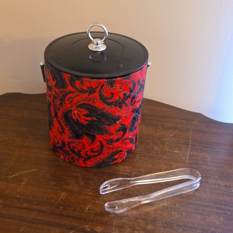 Midcentury Red and Black Fabric Covered Ice Bucket with Clear Tongs