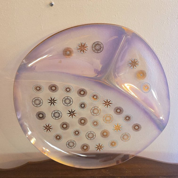 Midcentury Modern Iridescent Divided Glass Plate With Atomic Starburst Pattern, 14" Diameter