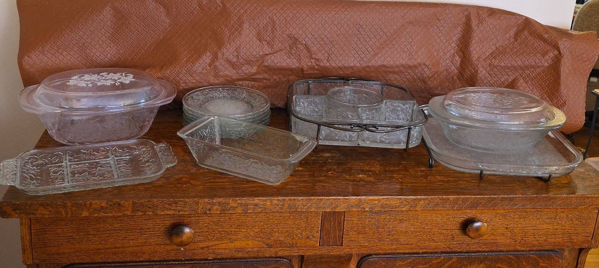 Clear Pressed Glass Serveware Set with Floral Etching, 21 Pieces