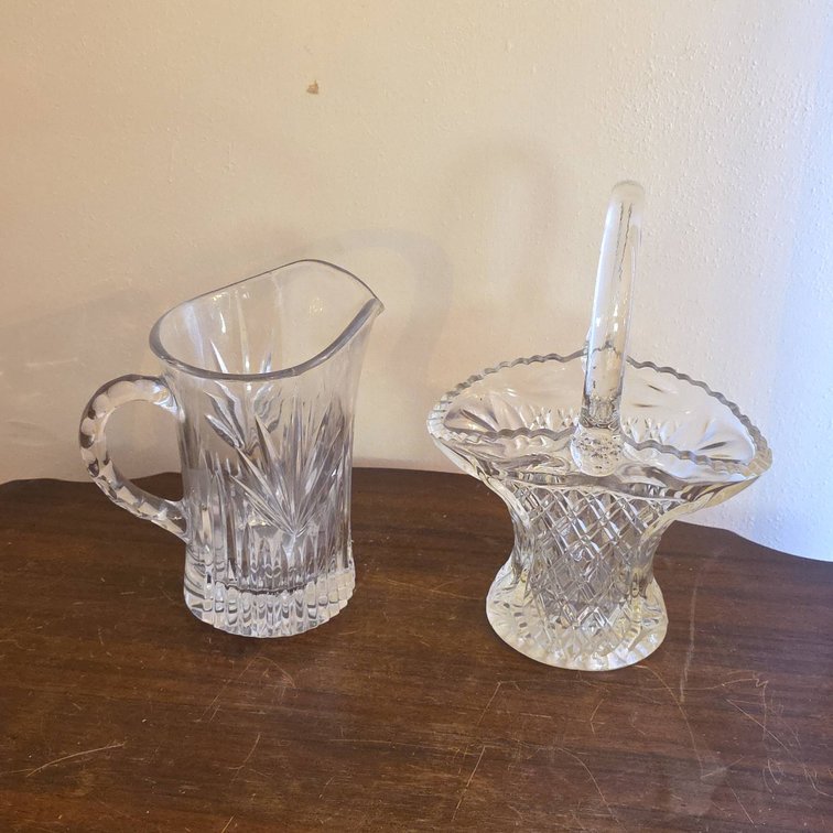 Crystal Cut Glass Water Pitcher and Basket with Handle, Decorative Patterns