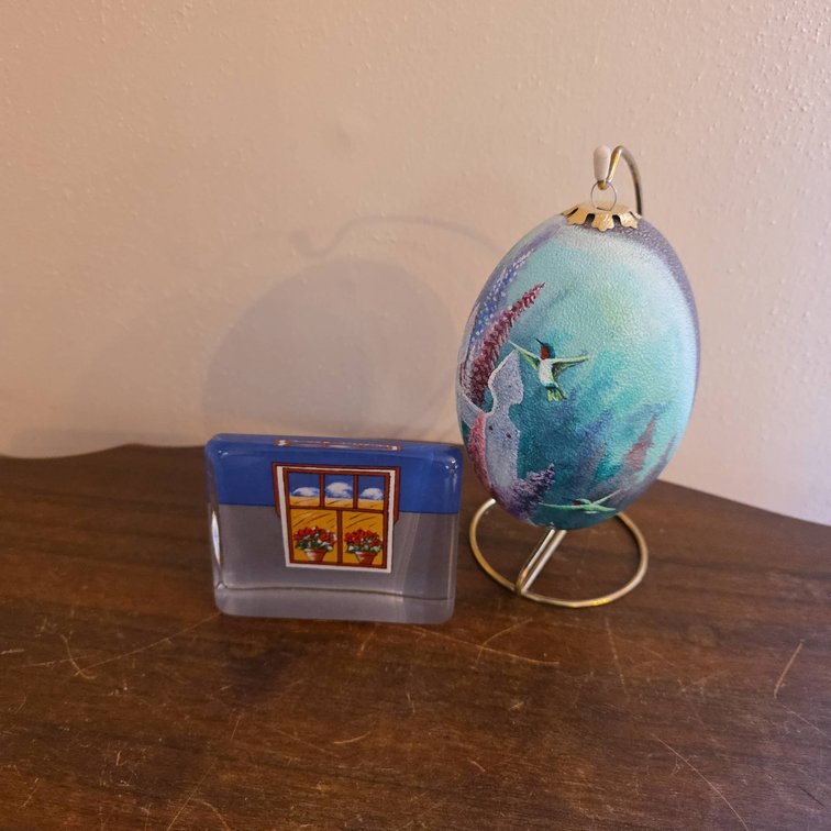Hand-Painted Egg Ornament and Iittala Finland Glass Paperweight