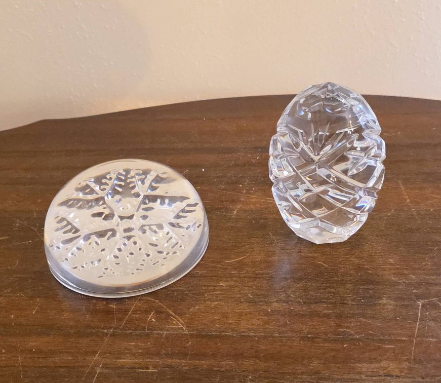 (2) Clear Glass Paperweights: One Cut Glass Egg-Shaped, One Snowflake Design, 3" Tallest