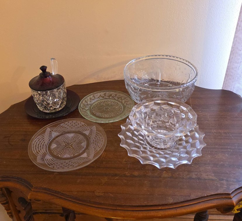 Pressed and Cut Glass Serving Set, Bowls and Plates, Ruby Stained Dish