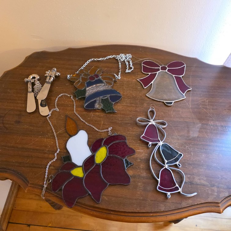 Holiday Stained Glass Suncatchers Including Candle, Bells, and (3) Spreader Knives, 9" Largest