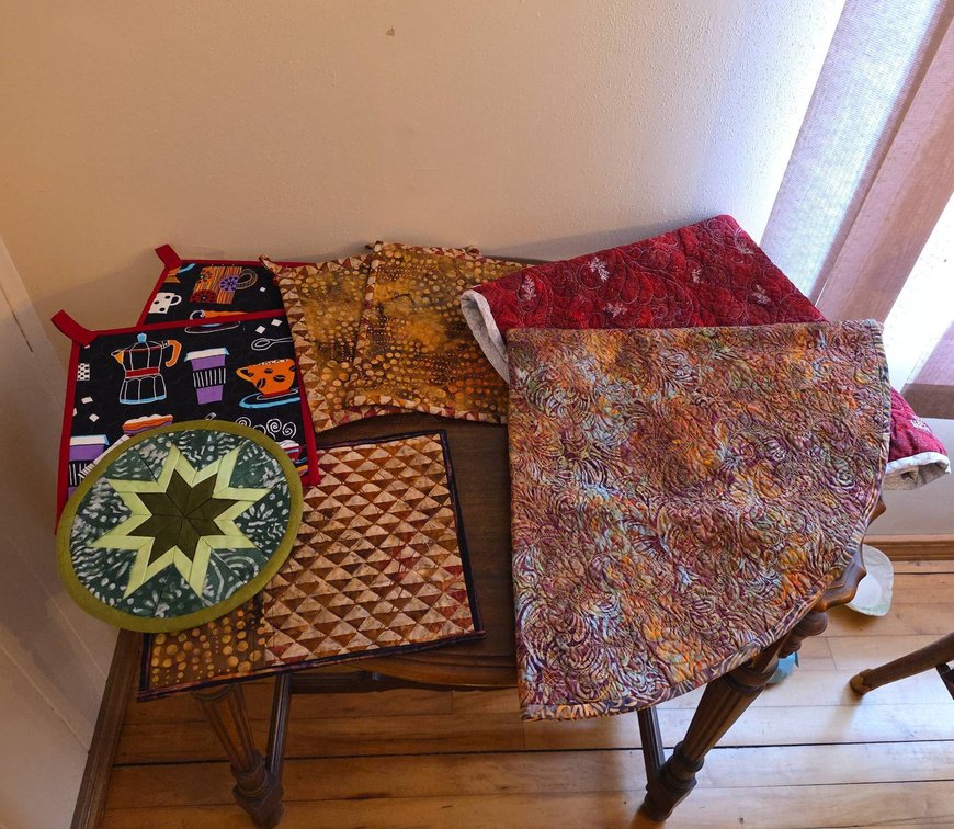 Handmade Quilted Table Mats, Pot Holders, and 28-Inch Diameter Reversible Table Covers