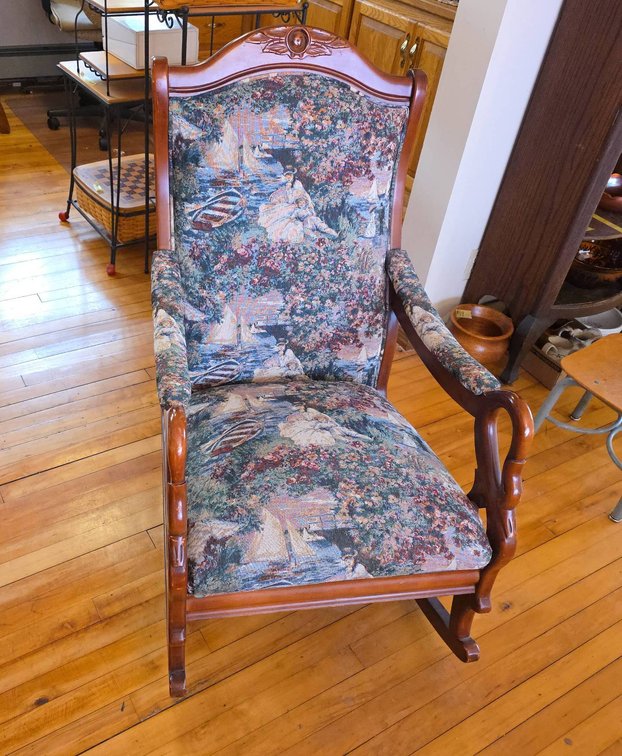 Wood Frame Rocking Chair with Victorian-Style Tapestry Upholstery