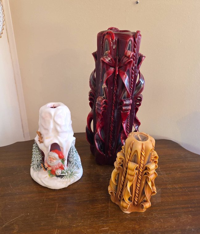 Three Decorative Candles, Carved and Holiday Themes, Tallest Candle Measures 13"