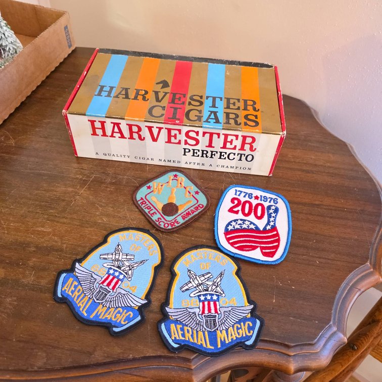 Harvester Perfecto Cigar Box and Four Vintage Embroidered Patches