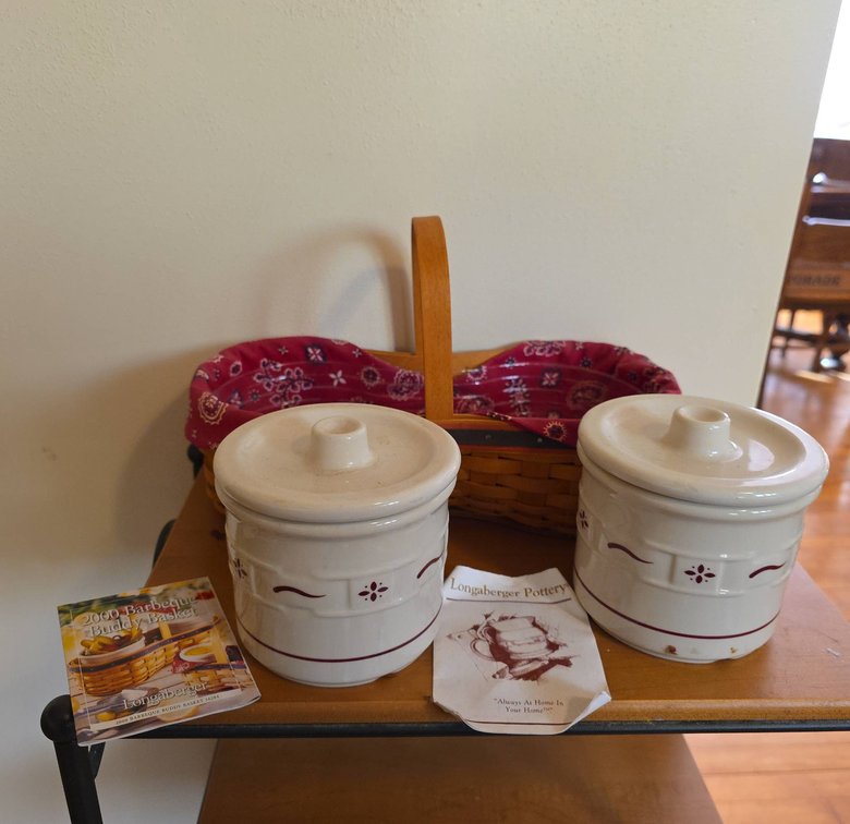 Longaberger 2000 Barbeque Buddy Basket with Liner, and Two Longaberger Crocks