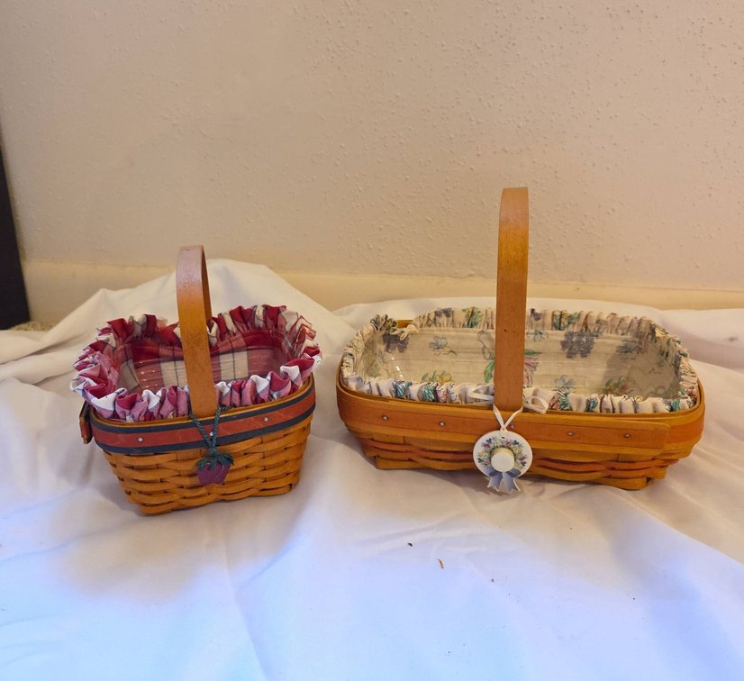 Longaberger Handwoven Basket Pair With Liners, Largest 11", Dresden Ohio USA