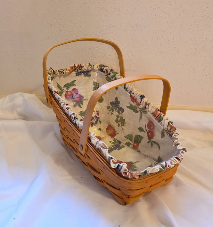 Longaberger Handwoven Basket With Fruit Print Liner and Plastic Protector, Dresden, Ohio USA