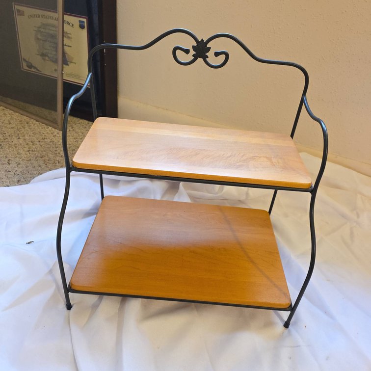 Longaberger Two Shelf Wood and Metal Shelving Unit with Maple Leaf Detail