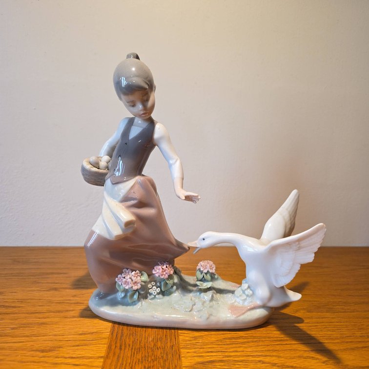 Lladro 8" Porcelain Figurine of Girl with Basket of Eggs and Goose, Hand Made in Spain