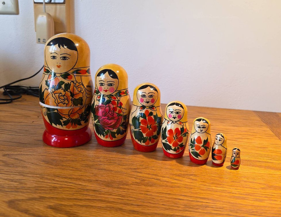7 Hand-Painted Russian Nesting Dolls With Floral Motifs, 6"Tall