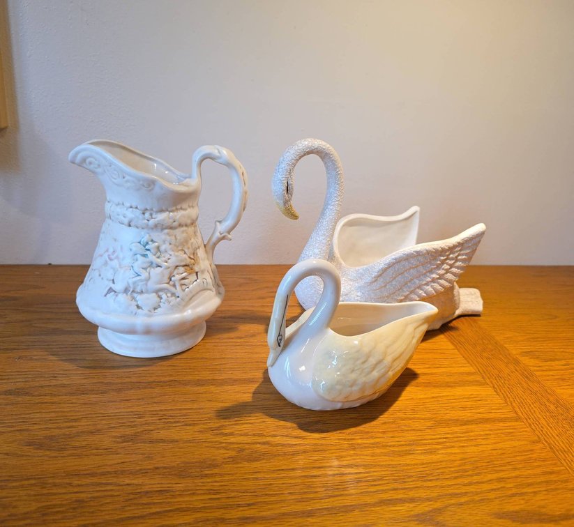 Porcelain Pitcher with Cherub Bas Relief, Two Swan-Shaped Planters | Inc, Belleek