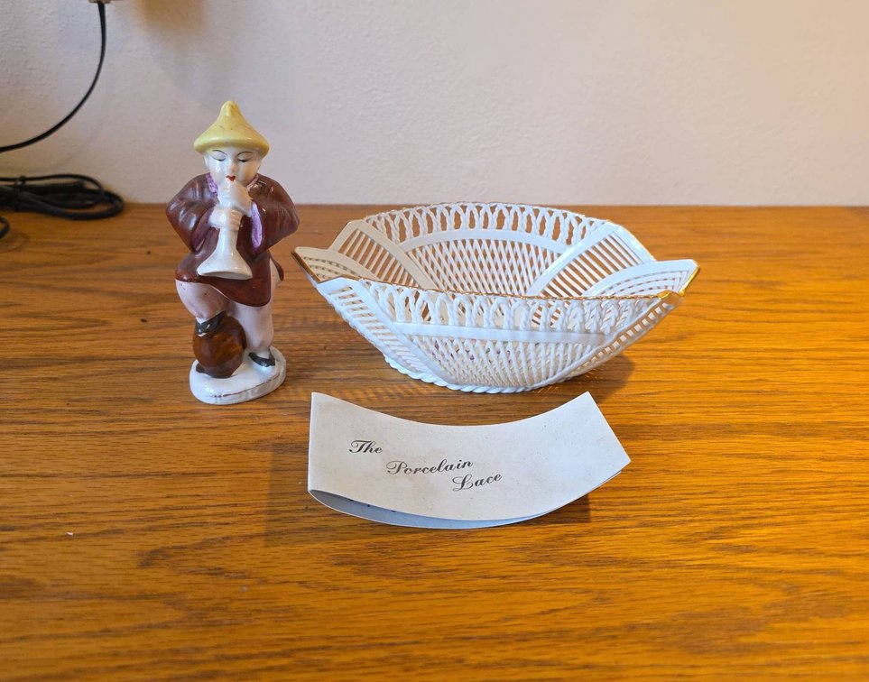MOGA Porcelain Lace Basket Hand Made and Painted in Romania and 4.5" Porcelain Figurine