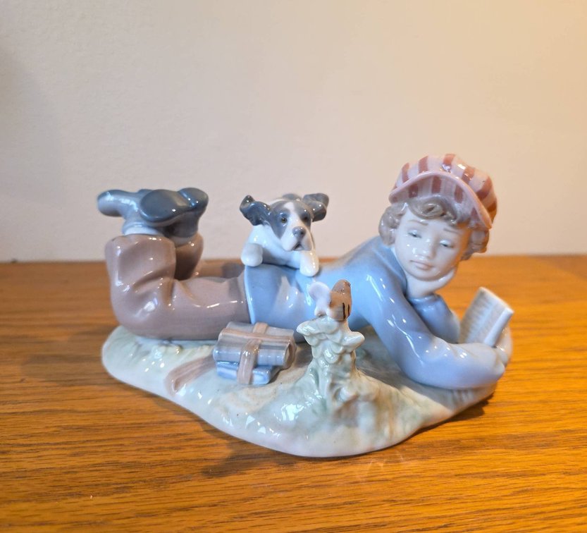 Lladro 5451 Porcelain Figurine Boy Reading With Dog, Bird, Hand Made in Spain, 1987