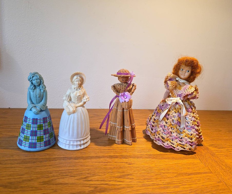 (2) Avon Perfume Bottles, Wicker Doll, and Doll with Crocheted Dress and Red Hair