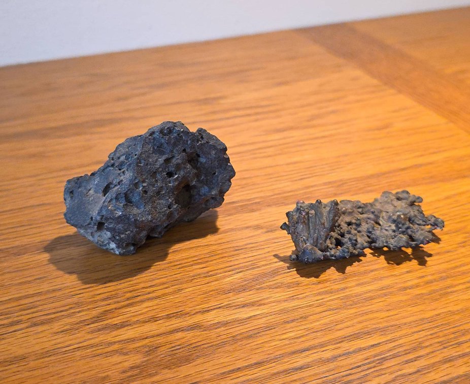 Volcanic Rock Specimen with Natural Copper Formation, Both Displaying Distinct Textures