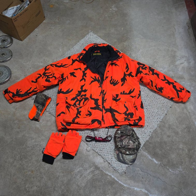 Pine Ridge XL Blaze Orange Camo Hunting Jacket, RedHead Cap, Headband, Gloves 4-Piece Set