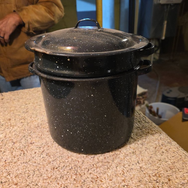 Black Speckled Enamelware Stock Pot With Steamer Insert and Lid