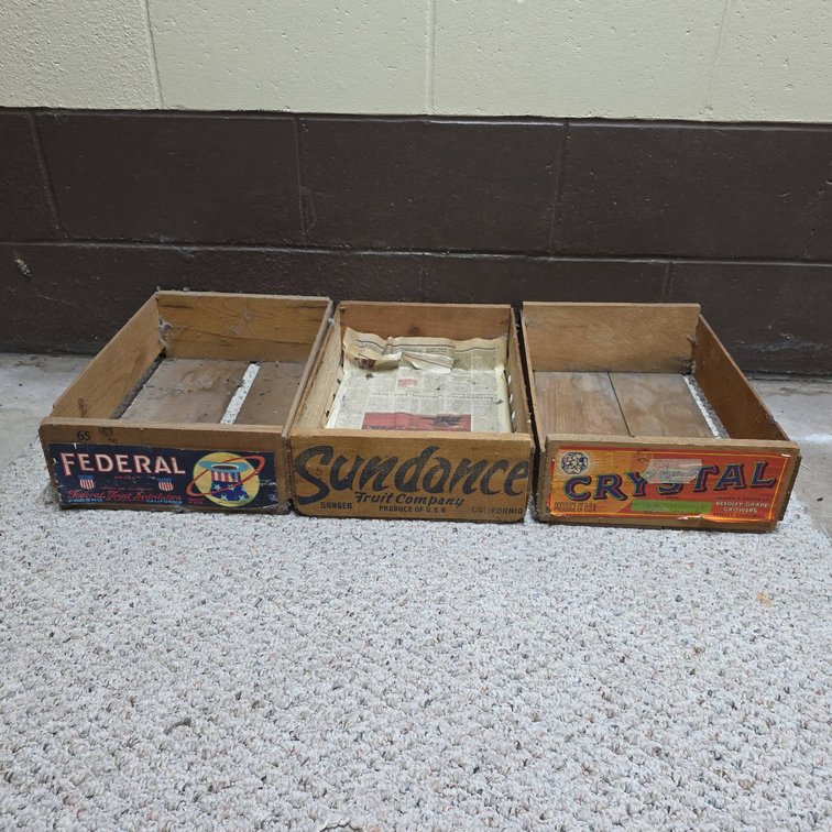 Three California Fruit Crates With Original Labels, Crystal, Sundance, Federal