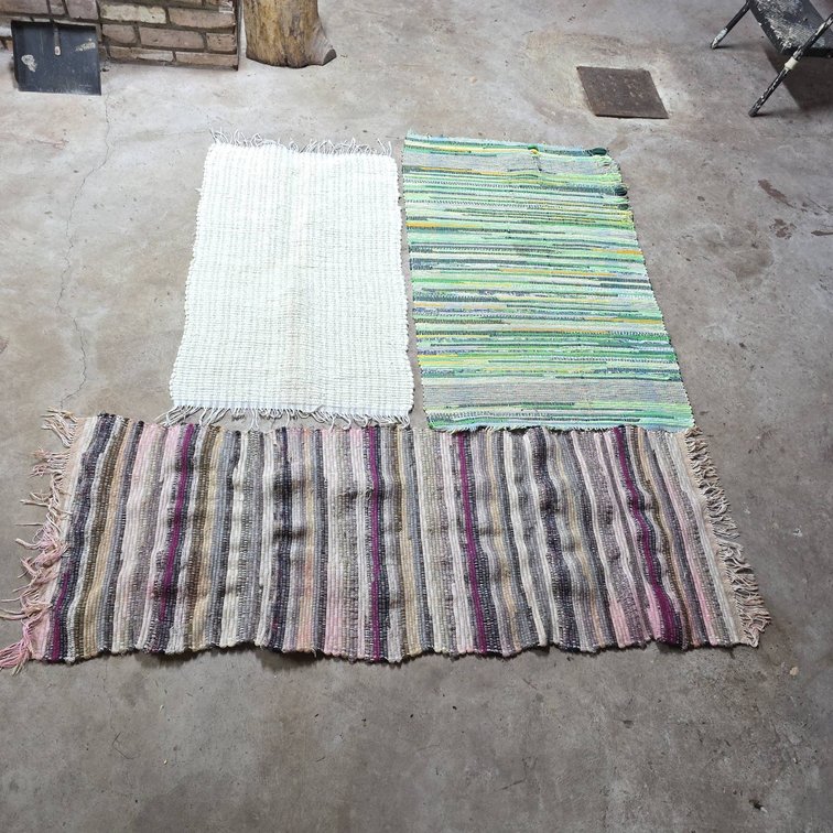 Three Handwoven Rag Rugs in Multicolor, Green, and Off-White Designs