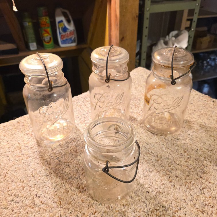 4 Ball Ideal Clear Glass Canning Jars with Glass Lids and Wire Bails